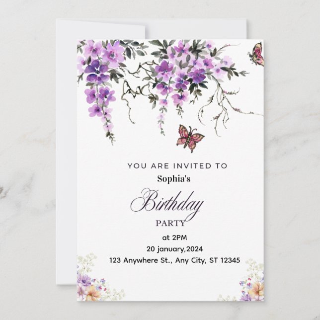 Convite de Aniversário Floral Roxo Personalizado (Frente)