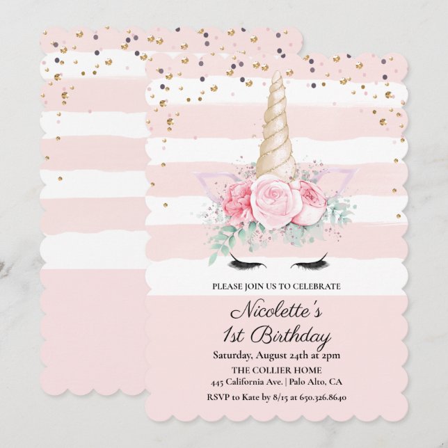 Convite de Aniversário Floral Unicórnio para QUALQ (Frente/Verso)