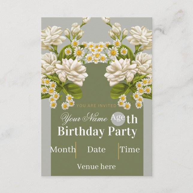 Convite de Aniversário Floral Vintage - Branco & V (Frente)