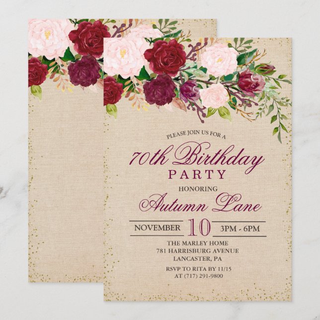 CONVITE DE ANIVERSÁRIO FLORAL VINTAGE PARA QUALQUE (Frente/Verso)