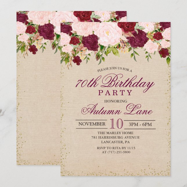 CONVITE DE ANIVERSÁRIO FLORAL VINTAGE PARA QUALQUE (Frente/Verso)