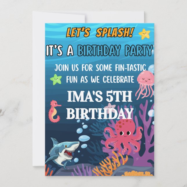 Convite de Aniversário Fofo com Tema Submarino em  (Frente)