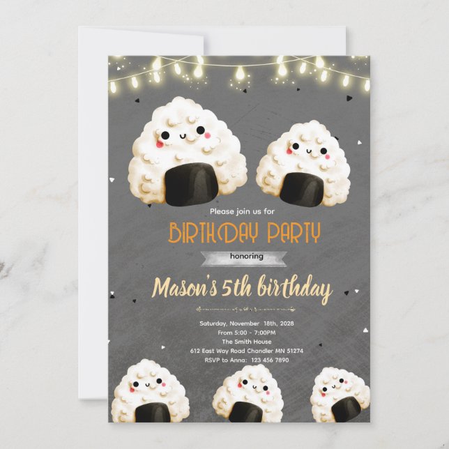 Convite de aniversário fofo de Onigiri (Frente)