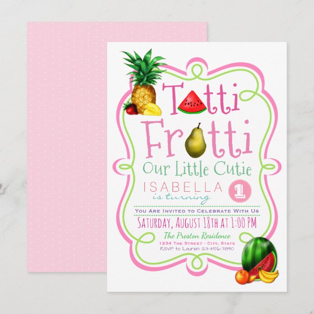 Convite de aniversário fofo Tutti Frutti (Frente/Verso)