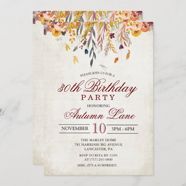 Convite de Aniversário Folhas de Outono para Qualq (Frente/Verso)