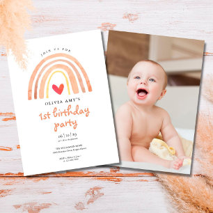 Convite de Aniversário Foto Coração Arco-Íris Boho