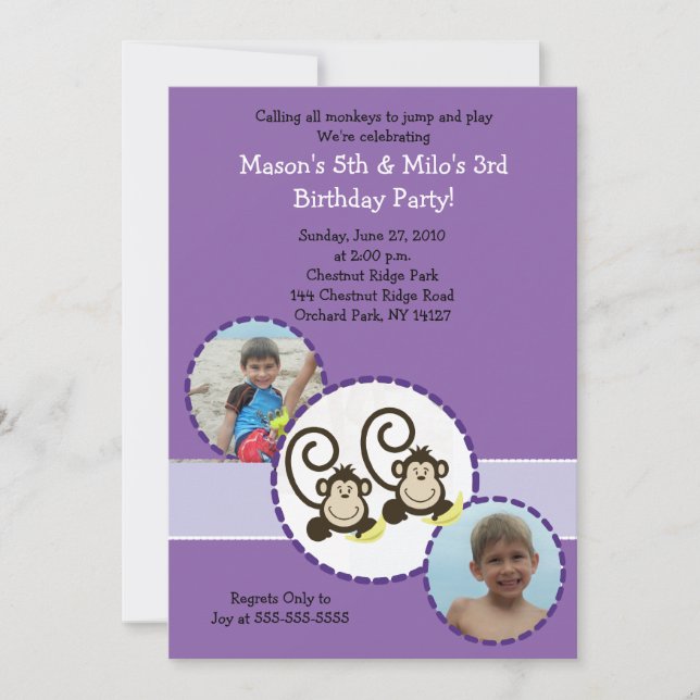 Convite de Aniversário FOTO RIXA Macaco Roxo 5x7 (Frente)