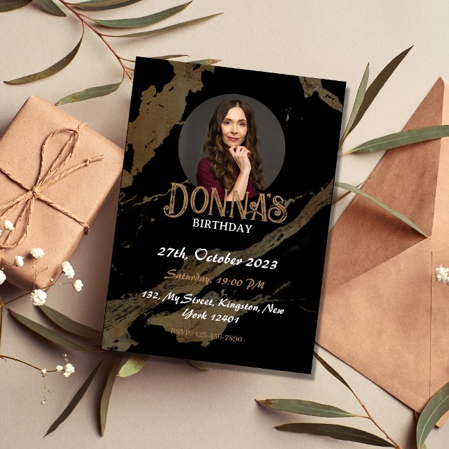 Convite de aniversário Fotográfico Dourado Preto (Criador carregado)