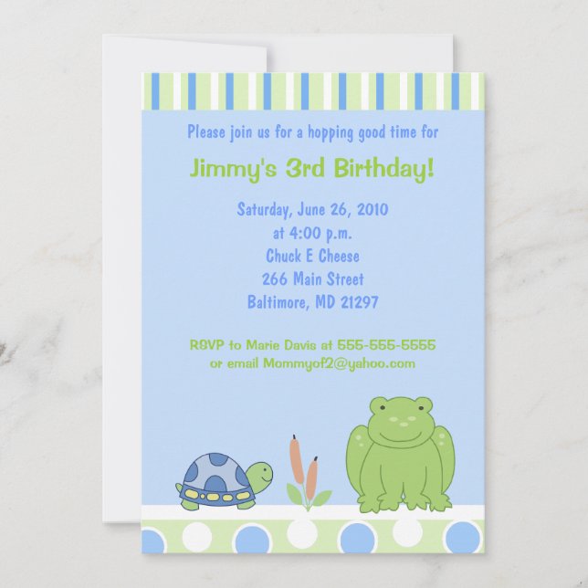 Convite de Aniversário Friendly Frog & Turtle 5x7 (Frente)