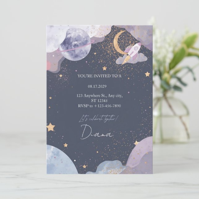 Convite de Aniversário Galáxia Espacial (Em pé/Frente)