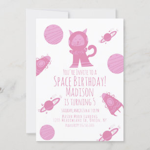 Convite de Aniversário Galáxia Rosa Space Cat
