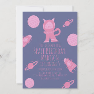 Convite de Aniversário Galáxia Roxo Rosa Gato Espa