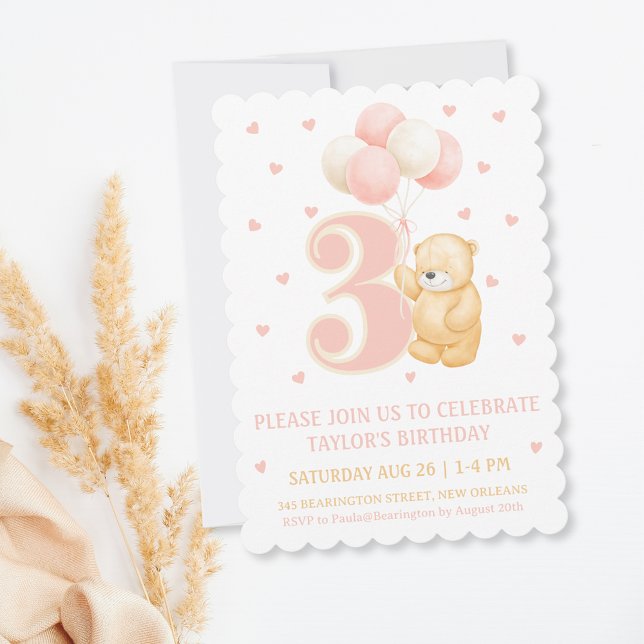Convite de aniversário Garota 3 anos Balão de Urso (Cute Third Birthday invitation Teddy Bear and Balloons Whisical Pink theme with hearts
)