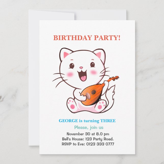 Convite de Aniversário Gatinho Fofo & Balões Multi (Frente)