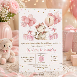 Convite de Aniversário Gatinhos Fofos Balões Rosa
