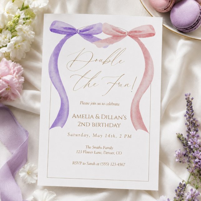 Convite de Aniversário Gêmeo com Laço Rosa Roxo (Criador carregado)