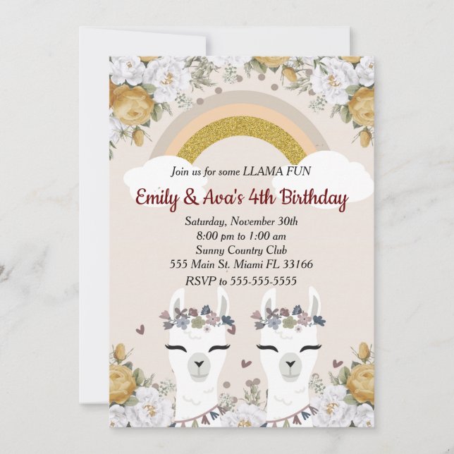 Convite de Aniversário Gêmeos Alpaca Lhama Criança (Frente)