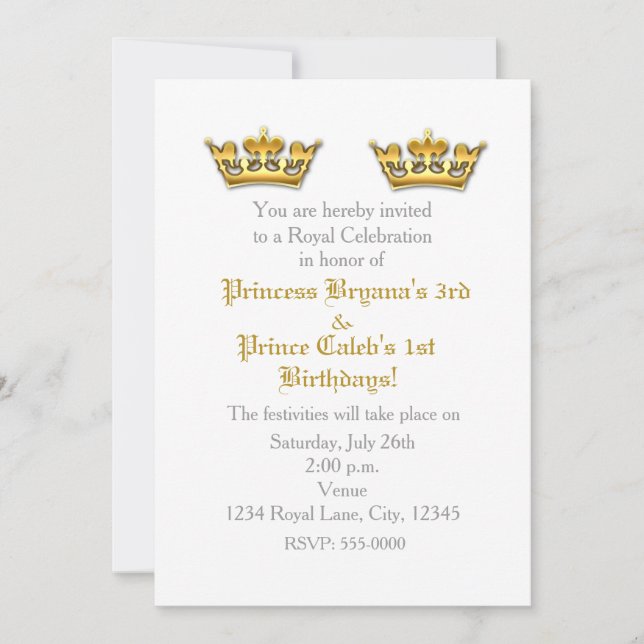 Convite de Aniversário Gêmeos Coroas Douradas Prín (Frente)