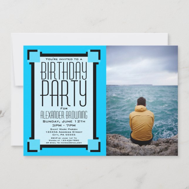 Convite de aniversário Geométrico Azul Brilho (Frente)