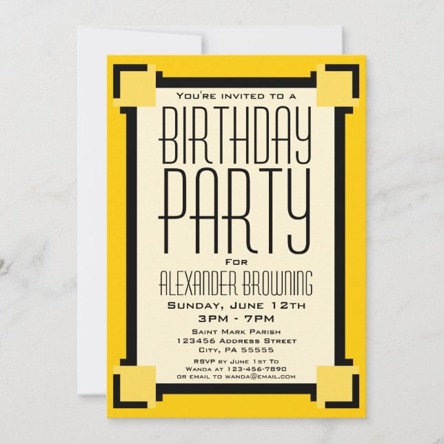 Convite de aniversário Geométrico Dourado Art Deco (Frente)
