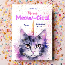 Convite De Aniversário Gical Caticorn Meow