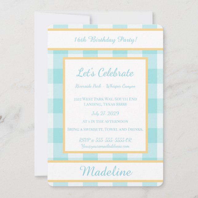 Convite de Aniversário Gingham Azul Personalizado (Frente)