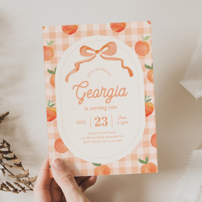 Convite de Aniversário Gingham Peach (Criador carregado)