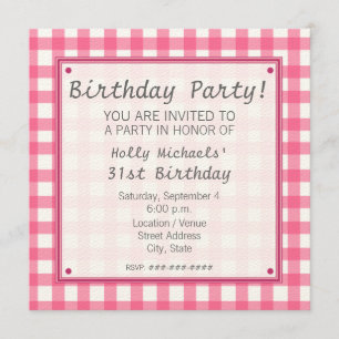 Convite de aniversário Gingham Rosa