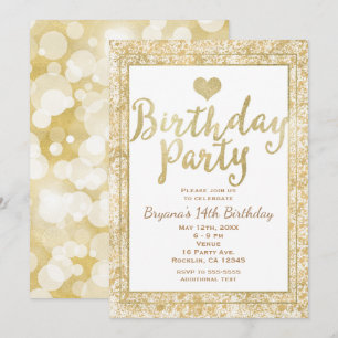 Convite de Aniversário Glam com Coração Dourado e 