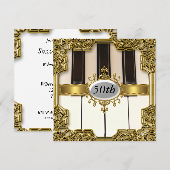 Convite de Aniversário Glamouroso Piano Teclas Que (Frente/Verso)