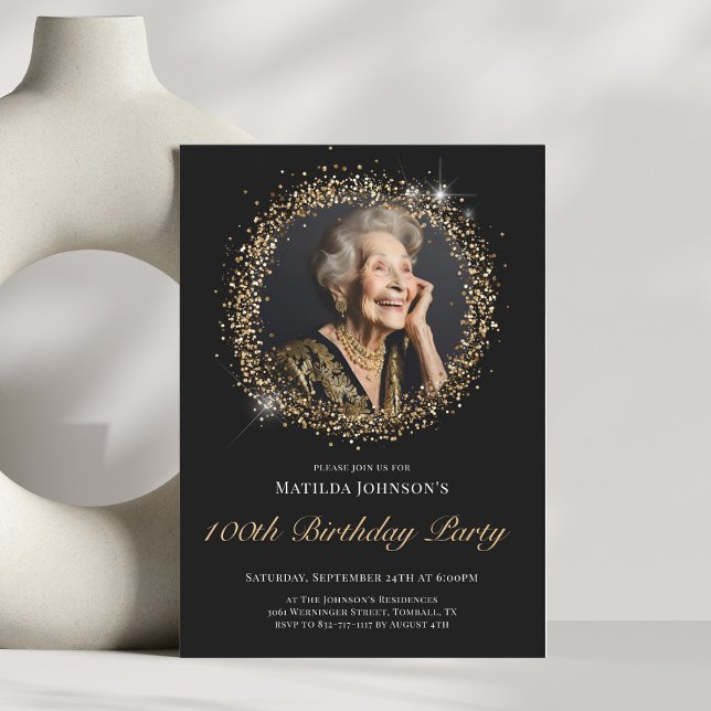 Convite de aniversário Glitter Black Dourado 100º (Glitter Black Gold 100th Birthday Party Invitation)