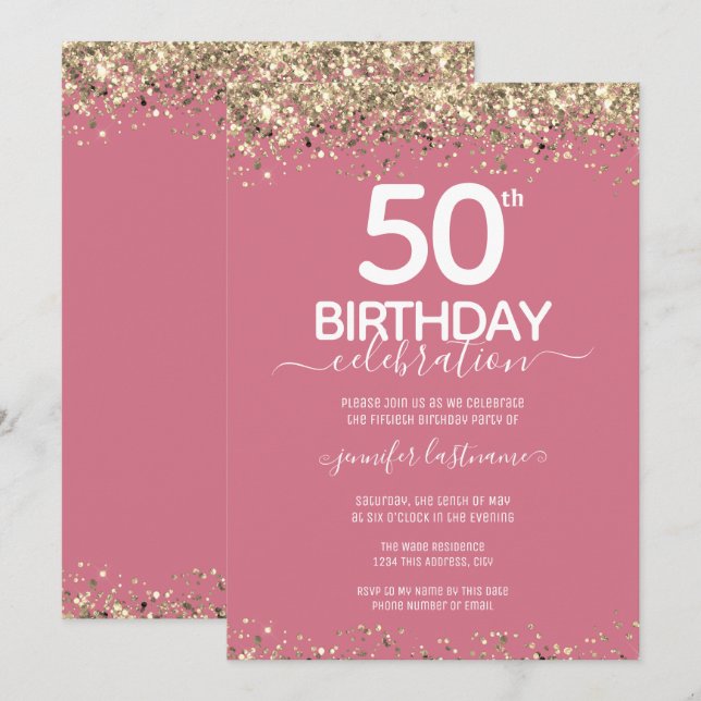 Convite de aniversário Glitter Dourado 50º (Frente/Verso)
