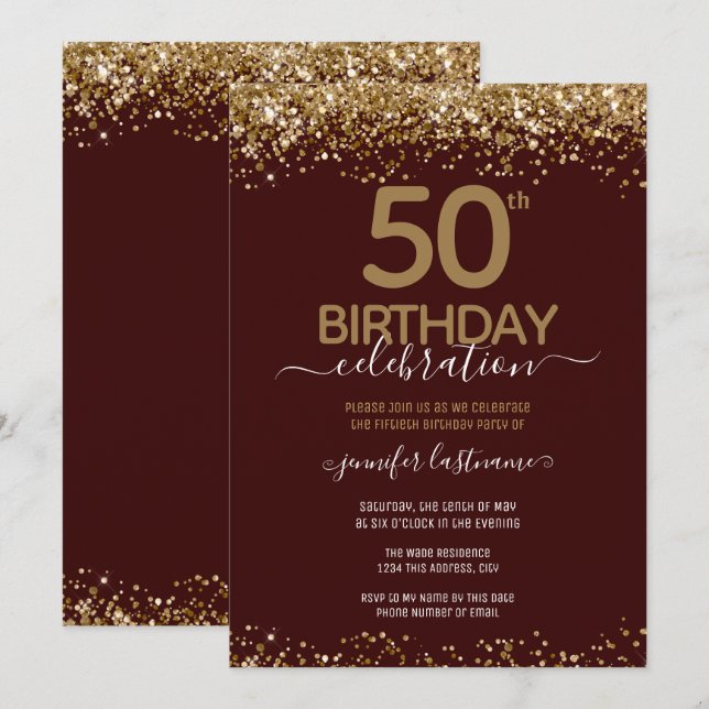 Convite de aniversário Glitter Dourado 50º (Frente/Verso)