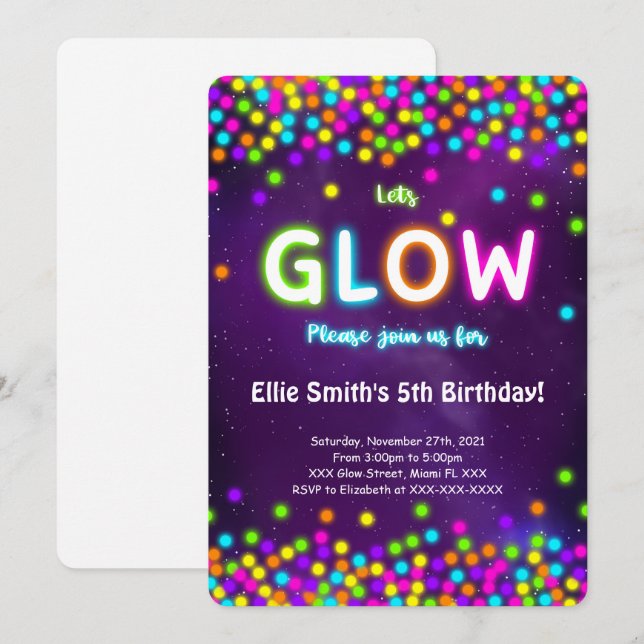 Convite de Aniversário Glow Editável (Frente/Verso)
