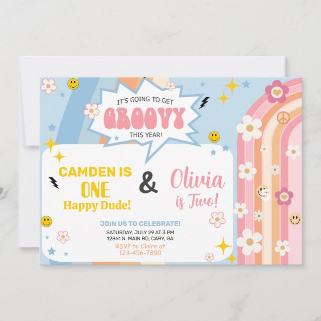 Convite de aniversário GROOVY para irmão e irmã. (Frente)