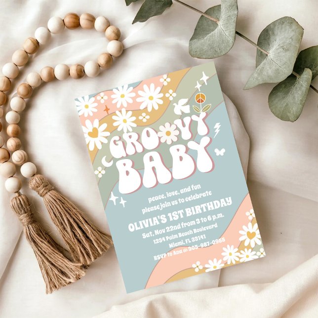 Convite de Aniversário Groovy Retro Daisy (Criador carregado)
