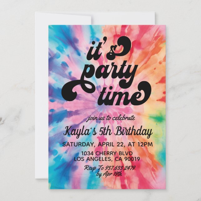 Convite de Aniversário Groovy Tie Dye É Hora da Fe (Frente)