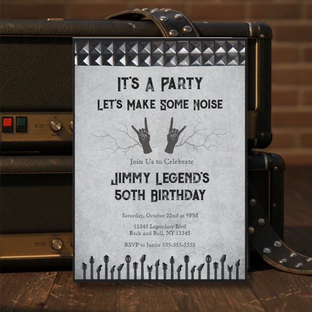 Convite de aniversário Guitarista Rockstar (It's a Party! Let's Make Some Noise with this Rockstar Guitarist 50th Birthday Invitation)