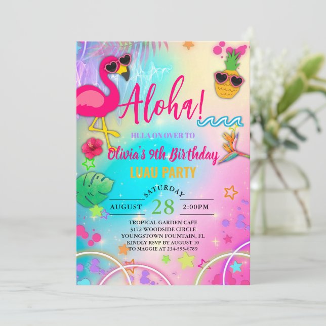 Convite de aniversário havaiano aloha hula sobre g (Em pé/Frente)