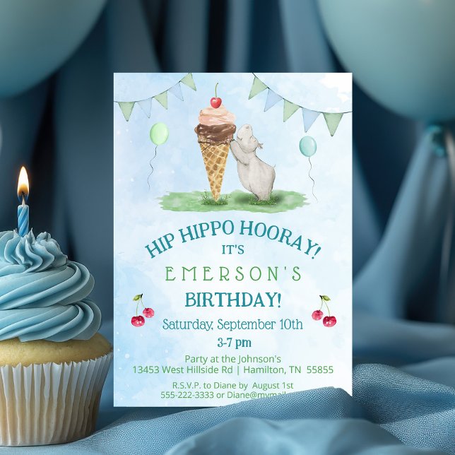 Convite de aniversário Hip Hippo Hooray (Hip Hippo Hooray Birthday Party Invitation with cherries and Balloons)