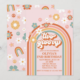 Convite de Aniversário Hippie Rainbow Two Groovy 2