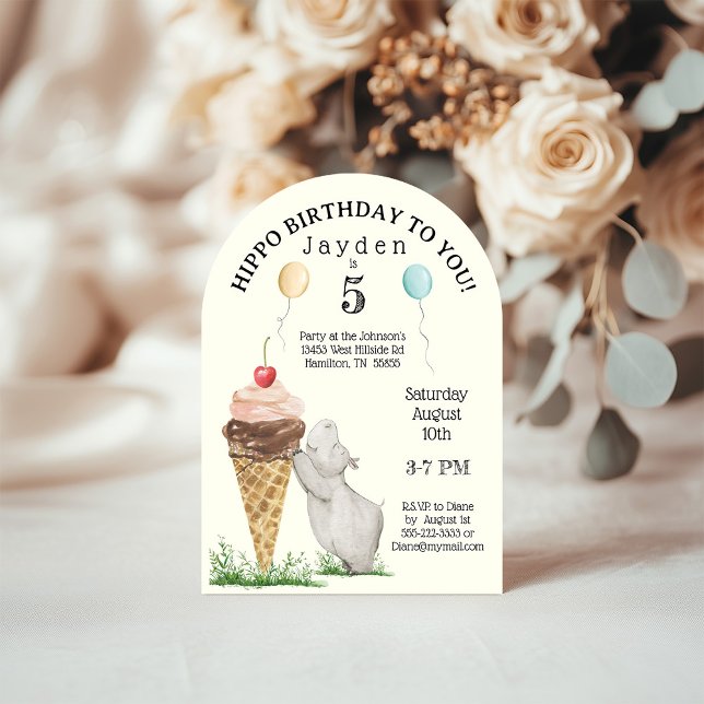 Convite de aniversário Hippo (Hippo and ice cream cone arched birthday invitation for boys or girls)