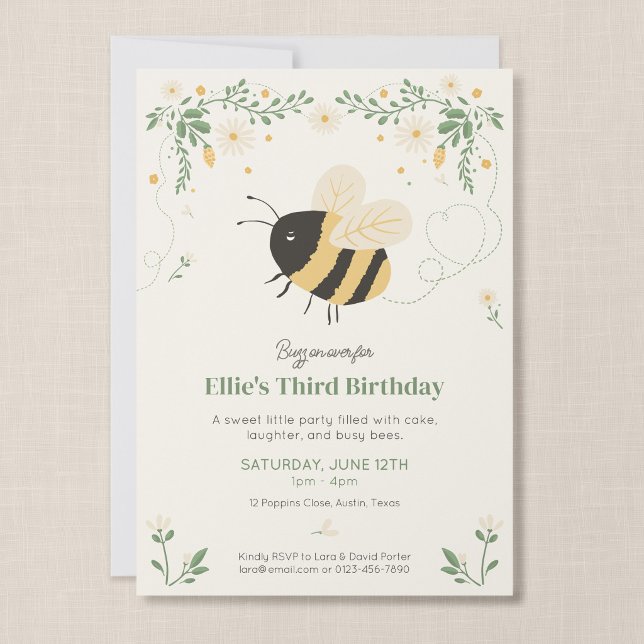Convite de Aniversário Infantil Abelha Bumble Bee (Wildflower Flight Party Invite)