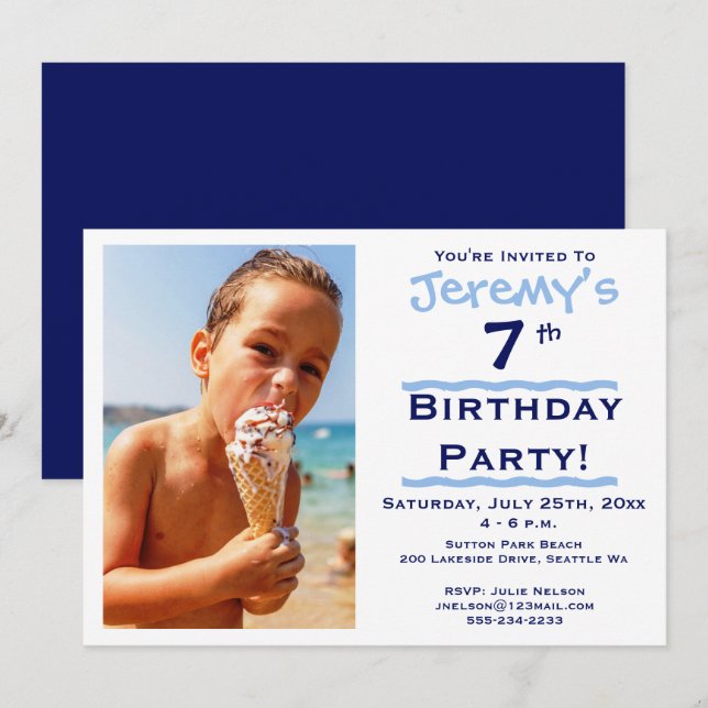 Convite de Aniversário Infantil Azul para Menino (Frente/Verso)