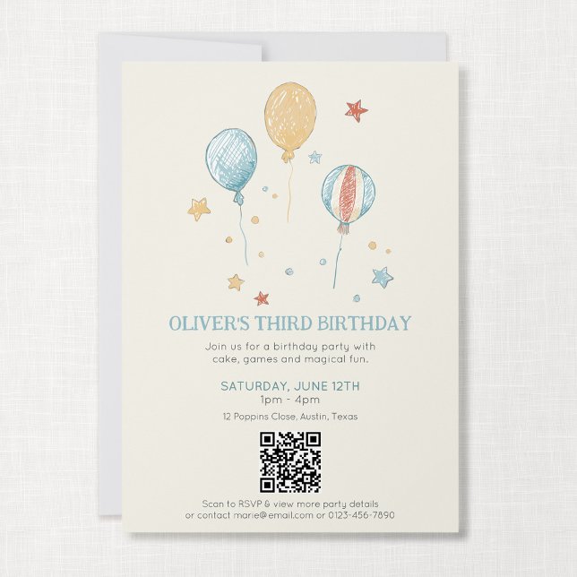 Convite de Aniversário Infantil Balloon Daydream c (Balloon Daydream - 5x7" Party Invitation with QR)