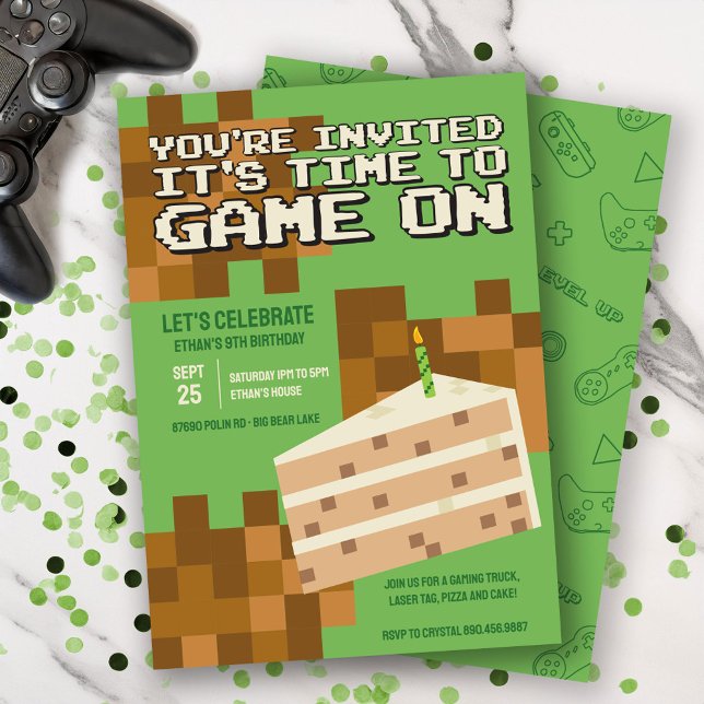 Convite de Aniversário Infantil Bolo do Gamer Pixe (Criador carregado)