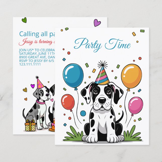 Convite de Aniversário Infantil Cachorro Grande Da (Frente/Verso)