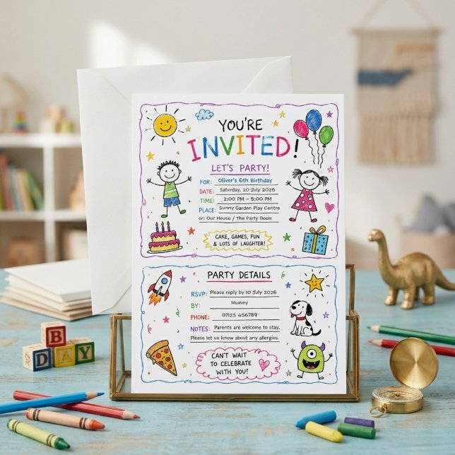 Convite de Aniversário Infantil Colorido Doodle (Criador carregado)