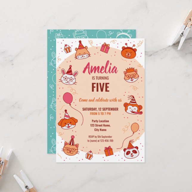 Convite de aniversário infantil com animais felize (Frente/Verso In Situ)
