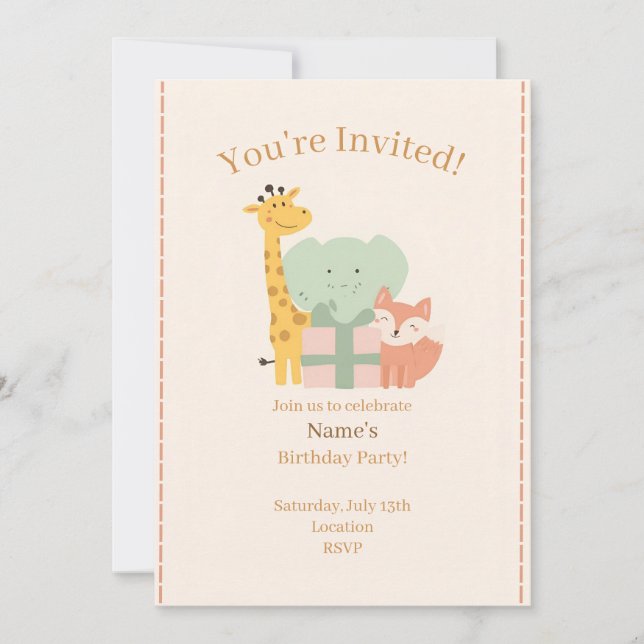 Convite de Aniversário Infantil com Animais Fofos  (Frente)